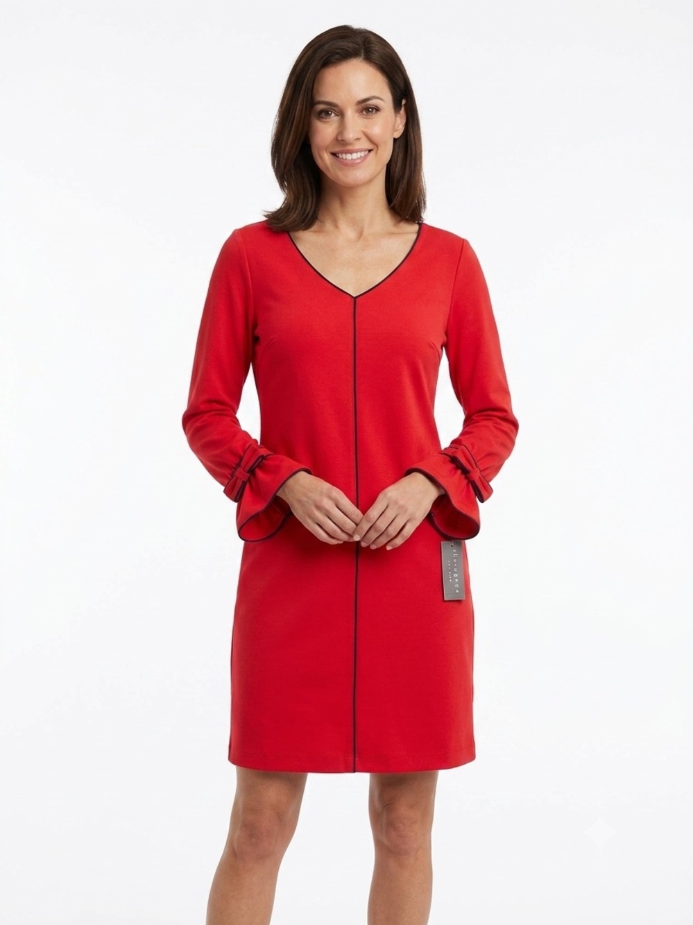 Sharagano, Red V-Neck Mini Dress with Black Piping - 8 / M